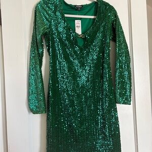 Express Emerald Green Sequin V-Neck Long Sleeve Mini Dress